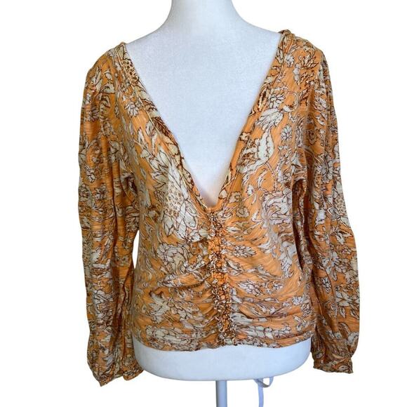 Free People Say The Word Cropped Top Blood Orange Combo Boho Rouched Hippie Sz L - Picture 3 of 16